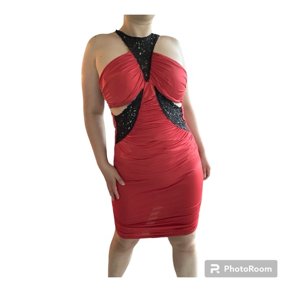 Vintage 2000s Y2K Bebe Red CutOut Sleeveless Asymmetrical Ruched Bodycon Dress M - Picture 11 of 12